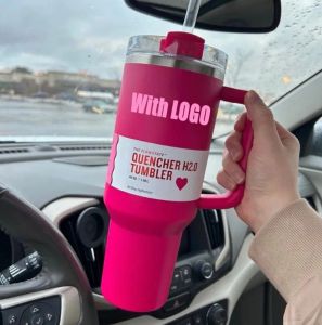 With LOGO Cosmo Pink Flamingo Tumbler Quenching Agent H2.0 Replica 40oz Stainless Steel Cup Handle Lid and Straw 1:1 same Car Cup Water Bottle Target Red 0205