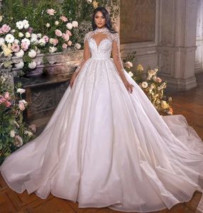 White Wedding Dresses Ivory Bridal Gowns Formal A Line Applique Custom Zipper Lace Up Plus Size New Floor-Length Long Sleeve Illusion High Neck Organza