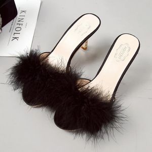 Women Slippers Summer Fashion Hairy Stiletto Sandals Slippers Women Word Drag Open Toe Wear High Heel Slippers Women 240201