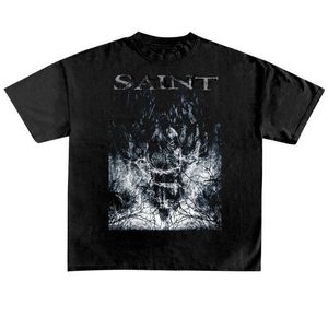 Erkek Tişörtler Saint Michael Dark Virgin Kısa Kişili Vintage Vintage Street Sıkıntılı Yıkanmış Amerikan T-Shirt