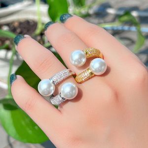 Choucong Wedding Rings Luxury Jewelry 18K White Gold Fill Pearl Pave White 5A Cubic Zircon CZ Diamond Party Ins Women Open Adjustable Ring For Lover Gift