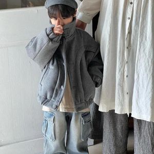 Jacken Mantel Koreanische Kinderkleidung Wintersaison Jungen Mädchen Mantel Grau Kurz Baumwolle Oberbekleidung Knopf Umlegekragen