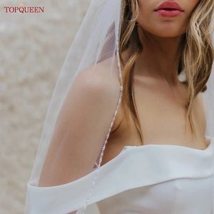 Topqueen V107 Uzun Gelin Peçe Kristal Boncuklu Düğün Peçe Kristal Kenar 1 Tier Süper Yumuşak Gelin Peçe Olmak Kısa 240123