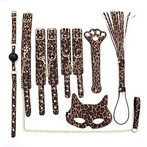 Cinsel Esaret BDSM Kiti Bondage 7 Parçalı Ayarlanabilir Kelepçe ile Set Yaka Top Gag Mask Yetişkin Oyun Seks Oyuncak Altın Leopard 240130