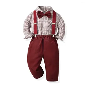 Giyim Setleri Boy'un Sonbahar Uzun Kollu Ekose Gömlek ve Kayış Pantolon Seti Boy Boys 'Red 70cm-160cm Pamuk