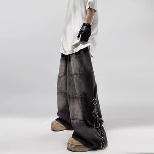 Хип-хоп железное кольцо Модный бренд High Street Пол Широкие джинсы Свободные брюки большого размера в американском стиле ретро Прямые брюки 240127