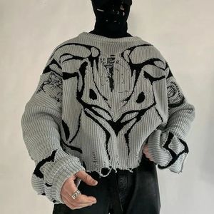 Ekolojik Köy Siyah Beyaz Küleyler Y2K Giysileri Sweaters Yıkılmış Yırtık Kadın Süvarisi Harajuku Delik Süveteri 240202