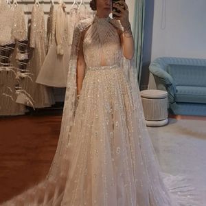 Serene Hill Dubai Arabic Luxury Nude A Line Beaded Evening Dresses With Cape Sleeves Gowns For Women Wedding Party LA71803 240201