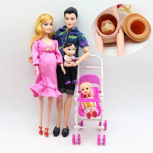 6 шт., комплект для счастливой семьи, игрушечные куклы, беременная новорожденная Кен, жена с мини-коляской, коляска для кукол, детские игрушки для девочек, подарок 240129