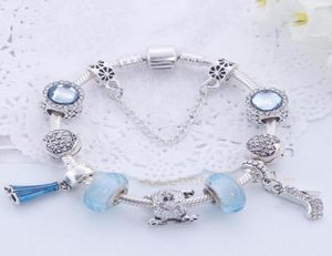 Toptan-925 Kadınlar İçin Gümüş Bilezikler Kraliyet Crown Charm Bilezik Mavi Kristal Boncuklar Bilezik Sevgililer Günü Hediye3708351