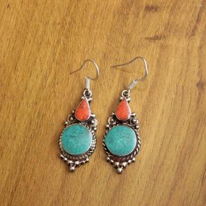 Dangle Küpeler ER208 Nepal Takı Etnik Tibet Çift Turkuaz Turquoises Coral Stone Drop