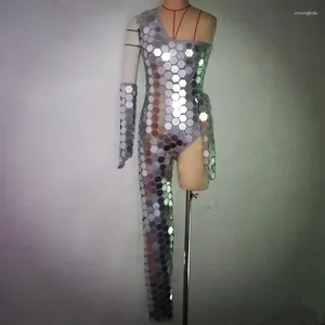 Сценическая одежда для мужчин и женщин зеркальный костюм танцевальная одежда для выступлений ночной клуб серебряные блестки высокий балл комбинезон на одну ногу