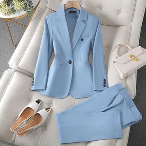 Kadınlar için katı ofis bayan takım elbise mavi kahverengi önlük renk blazer ve pantolon bahar sonbahar pantolonu 2 adet 240127