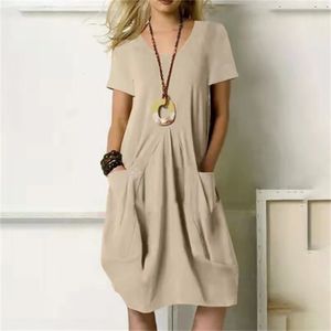 S-5XL büyük boy pamuk keten uzun elbise kadınlar için yaz gündelik kısa kollu bluz etek plajı kadın giyim vestid robe 240131