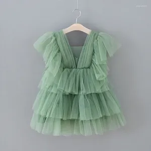 Kız Elbiseler Kız Kız Bebek Doğum Günü Elbise fırfırlar kollu prenses parti elbisesi yeşil v yaka kabarık kostüm düğün çocuklar için