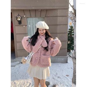 Женские куртки, розовое хлопковое пальто из искусственной овечьей шерсти, зимнее свободное пальто с роговыми пуговицами и длинными рукавами, модная женская одежда