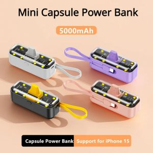 Mini 5000mAh Şeffaf Kapsül Güç Bankası Hızlı Şarj Cep Acil Durum Powerbank Kablo Fiş LED LED aydınlatma evrensel