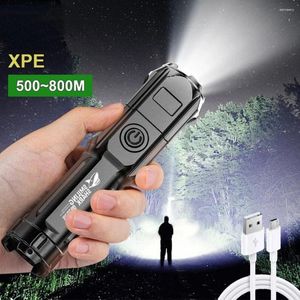 Portable Lanterns Powerful LED Flashlight ABS Tactical Flashlights Rechargeable USB 18650 Waterproof Zoom Fishing Hunting Emergency