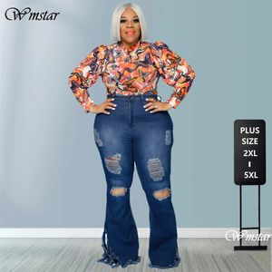 Wmstar Большие размеры джинсы женские облегающие эластичные однотонные карманы с высокой талией модные джинсовые расклешенные брюки оптовая продажа Прямая продажа 240202