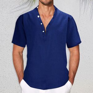 Camisas casuais masculinas cor sólida versão grande solto quarto botão gola manga curta algodão e material de linho t camisa túnica