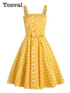 Günlük elbiseler tonval sarı 50s pinup vintage düğmesi ön polka nokta yaz tankı kadınlar gece partisi kuşaklı pamuk midi elbise
