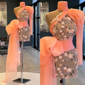 Современные мини-платья русалки для выпускного вечера 3D цветы на одно плечо с длинными рукавами Иллюзия Вечерние платья Женское платье для особых случаев