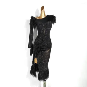 Sahne Giyim 2024 Siyah Kadın Balo Salonu Dans Elbisesi Seksi Örgü Patchwork Performans Dans Giysileri Latin Samba Rumba Adl137