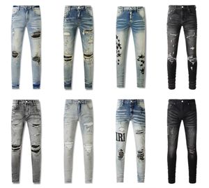 Дизайнерские мужские джинсы Amirs, фиолетовые джинсы, уличные рваные джинсы со звездами для мужчин и женщин, брюки с вышивкой звездами, стрейч-узкие брюки, джинсы Amirir, фиолетовый бренд