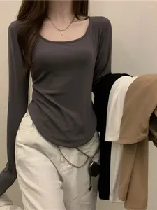Blusas femininas manga longa camiseta outono e inverno moda ins irregular fino ajuste estudante lazer curto topo menina camisa de fundo
