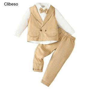 Clibeso Boys Gentleman Suit Çocuk İngiliz tarzı yelek 3pcs Setler Boy Borns Bebek İlk Ziyafet İlkbahar Top Pantolon 240127