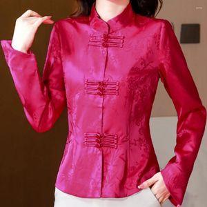 Kadın bluzları Çin tarzı gelişmiş tang takım elbise ipeksi saten jakard gömlek bluz kadınlar 2024 sonbahar vintage stant yakalı uzun kollu üst