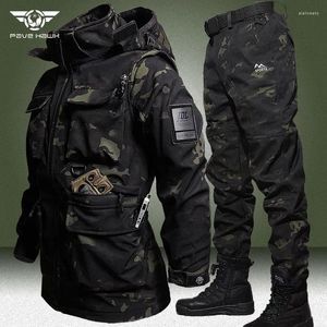 Men's Tracksuits Military Soft Shell Tactical Sets Men Outdoor Multi-pocket Waterproof Hooded Jacket Windproof Fleece Warm Cargo Pant 2 Pcs