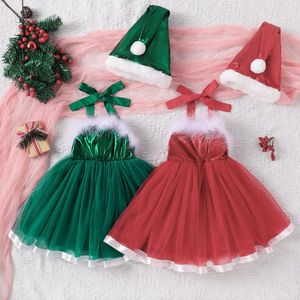 Kız Elbiseler Pudcoco Bebek Çocuklar Bebek Noel Elbise Şapka Dürünlü Kabart Trim Tül Tutu Tutu Mini Santa Kostüm Partisi 6M-5T