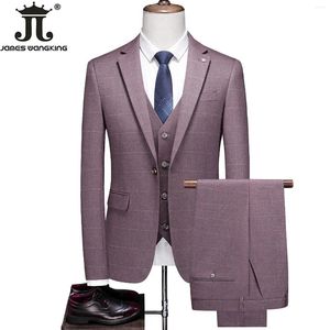 Erkek Suit (Blazer Vest Pantolon) Üst düzey marka resmi iş kontrollü takım elbise 3 parçalı set damat gelinlik parti ev sahibi