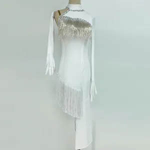 Sahne Giyim Profesyonel Latin Dans Etek Kadınlar İçin Uzun Kollu Beyaz Rumba Samba Chacha Dancing Yetişkin Standart Elbise