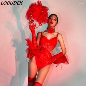 Sahne Giyim Seksi Kadın Dansçı Gogo Show Dans Kostümü Red Pearl Headgear Dantel Bodysuit Set Bar Sevgililer Günü Partisi Performansı