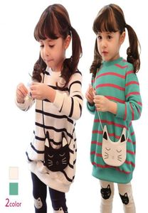 Çocuklar Kız Sonbahar Giyim Elbise 2pcs Suit Karikatür Kedi Stripe Sweatshirtler Elbise Taytlar Kız Setleri Çocuk Elbiseler Seti GX760 6727960