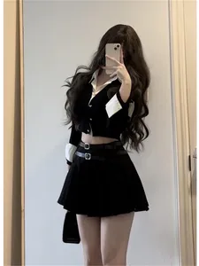 Комплекты одежды в корейском стиле для девочек, тонкий, с v-образным вырезом, черный комплект униформы JK, повседневный женский весенне-осенний вязаный топ, сексуальная блузка с поясом, плиссированная юбка, полная