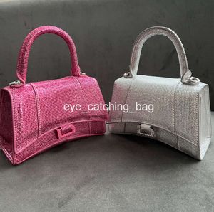 Lüks kum saati kakma rhinestone elmas tote çanta kadın glisten erkek debriyaj crossbod omuz kayışı gerçek deri pembe çanta tasarımcısı çanta pochette çanta