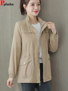 Корейские женские плащи, повседневные ветровки с лацканами и шнурком, весенние свободные куртки из габардина цвета хаки, средней длины, большие размеры 4xl Abrigos 240124