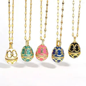 Цепочки AENSOA, цветная эмаль, подвеска в виде пасхального яйца, ожерелья для женщин, гильошированный медальон, подвеска со стразами, ожерелье золотого цвета, ювелирные изделия
