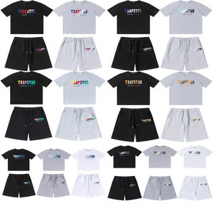 Летние мужские футболки Trapstar и брюки, комплекты из 2 предметов, дизайнерские футболки с вышивкой радужными полотенцами, мужская черно-белая футболка с круглым вырезом