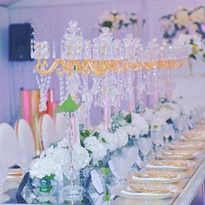 Muhteşem uzun boylu düğün 5 kollar boncuklu kristal şamdanlar muhteşem kristal merkez parçası çiçek standı düğün masası son düğün dekorasyonları satış