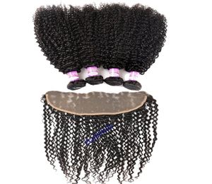 Mongolisches verworrenes lockiges Haarbündel mit Spitzenfrontverschluss, brasilianisches reines Haar, Echthaar, 3 Bündel mit 13 x 4 Ohr-zu-Ohr-Front9705260