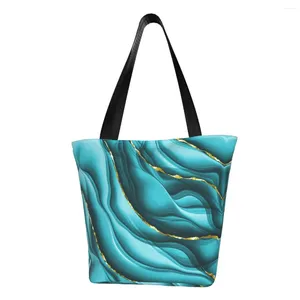Сумки для покупок на заказ, бирюзовая и золотая холщовая сумка с абстрактными чернилами, женская прочная сумка для покупок с текстурой мрамора и геометрическим камнем