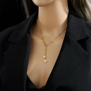 14K Sarı Altın Roman Kolye Kadınlar İçin Lüks Tasarımcı Moda Zirkon Uzun Kolye Kolye Kız Mücevher Hediye
