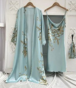 Baskı 2pcs Robe Sleep Suit Kadınlar Gelin Kimono Batah Gown Lingerie Saten Vneck Slaıvar Skra Strap Nightgown Loungewear 240201