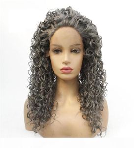 Афро-кудрявый синтетический парик на кружеве, темно-серый, имитация человеческих волос, парики спереди, 1426 дюймов, Pelucas для женщин 194181175657420691