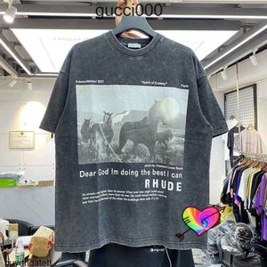 Футболка Rhude Horse для мужчин и женщин, винтажная футболка высокого качества, старая потертая футболка оверсайз с коротким рукавом Xuqe L09X 5MW9