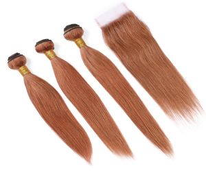 30 Orta Auburn İnsan Saçı Dökümle Kapatma Paketler Brezilyalı Düz ​​Auburn Renk Dokunuyor Bakire Saç Uzantıları Kapatma 3629031